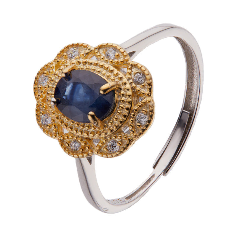 Bague en saphir naturel et argent sterling S925, bijou élégant avec pierre bleue brillante et finition lisse.