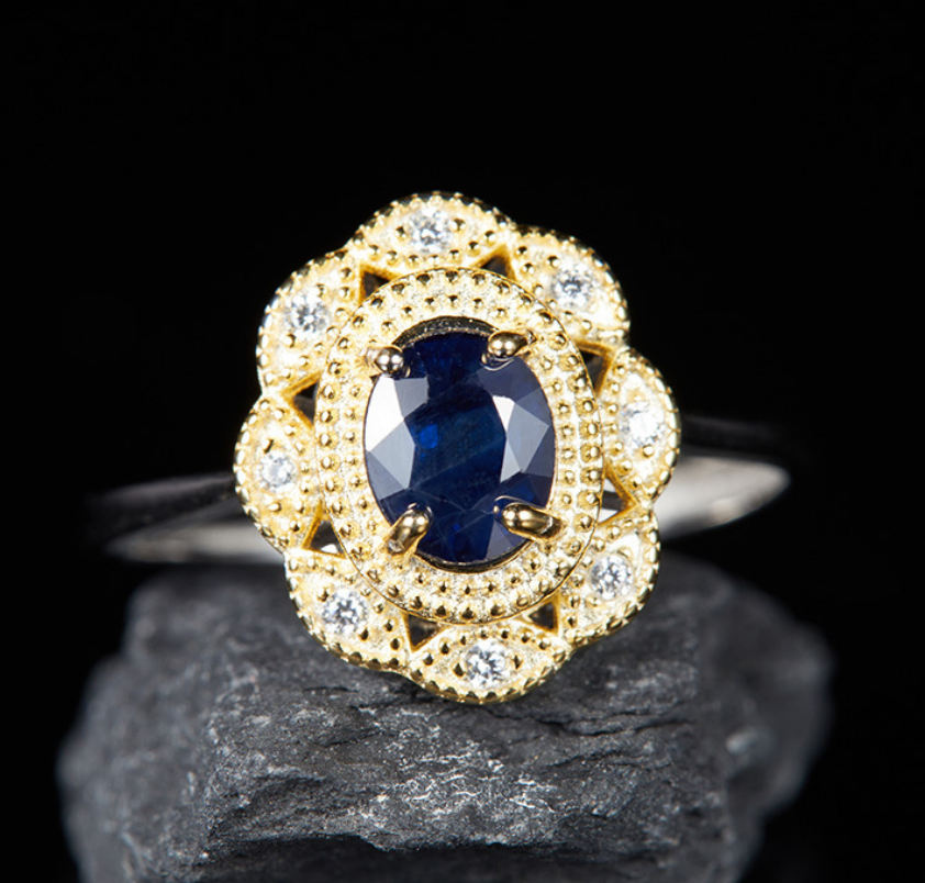 Bague en saphir naturel avec pierre précieuse bleue, en argent sterling S925, bijou élégant et raffinée.