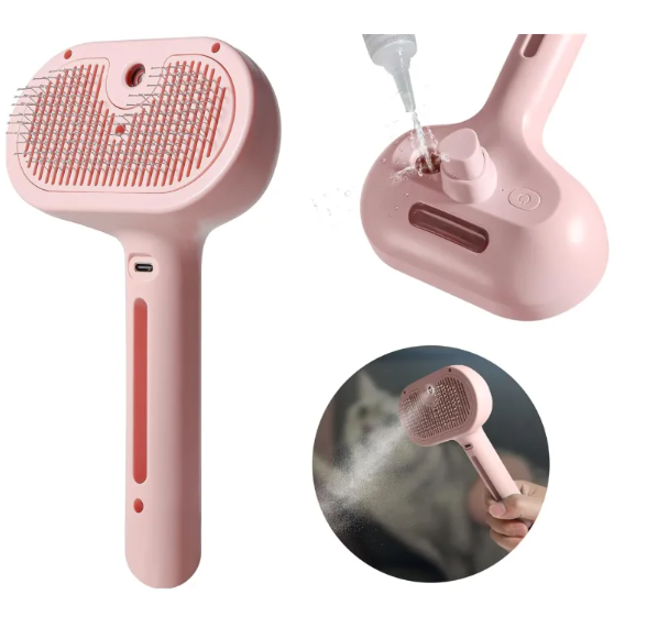 Brosse pulvérisateur pour poils d'animaux de la marque Boutique Angenor, montre la brosse en plastique avec spray intégré.
