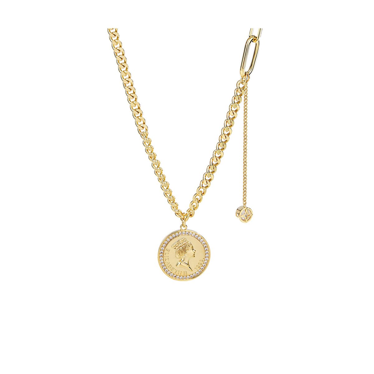 Collier vintage en or avec pièce Elizabeth II de la marque Caromay, mettant en valeur la pièce centrale en or ancien.
