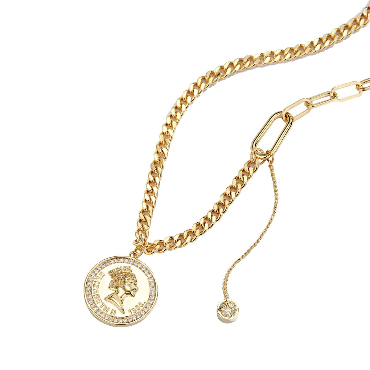 Collier vintage en or avec pièce de monnaie Elizabeth II, bijou élégant de la marque Caromay.