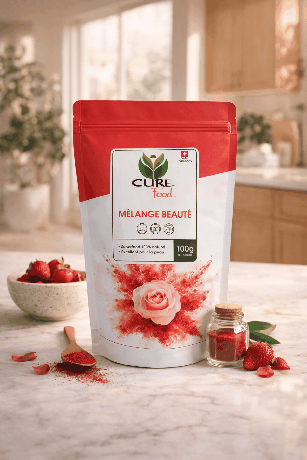 Soin beauté Curefood Beauty Mix dans un flacon avec étiquette colorée, pour une routine de soin visage naturelle.