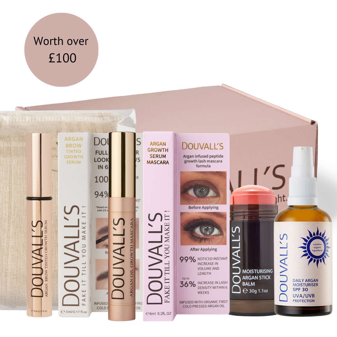 Coffret cadeau Argan Glow Beauty Box de Douvalls Beauty avec trois produits de soins à l'argan naturel.