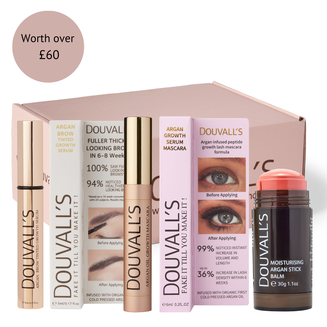 Coffret Cadeau Argan Glow Beauty Box de Douvalls Beauty avec trois produits pour le soin de la peau et le visage.