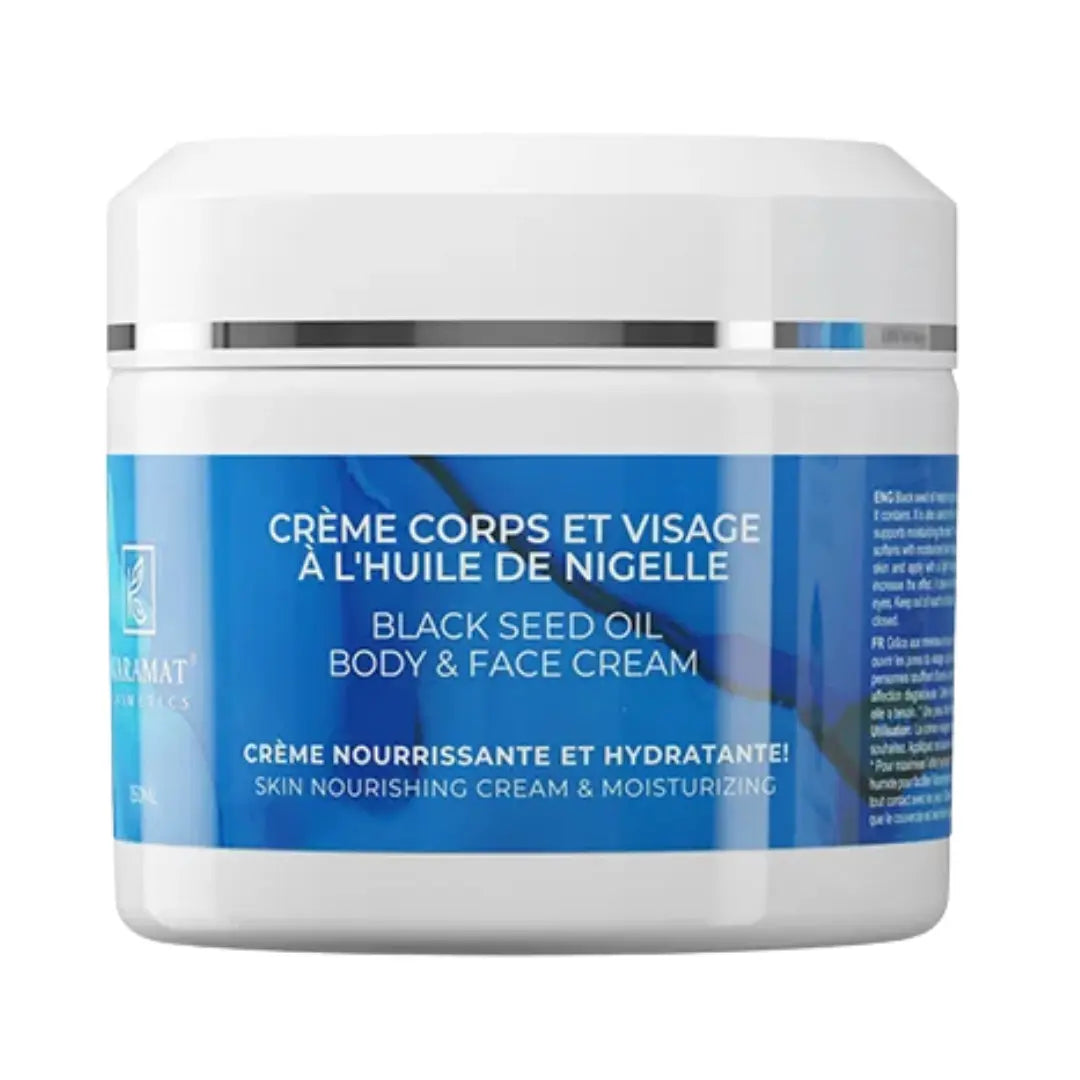 Crème éclat corps et visage à l'huile de nigelle, 150 ml, texture onctueuse et parfumée pour peau radieuse.