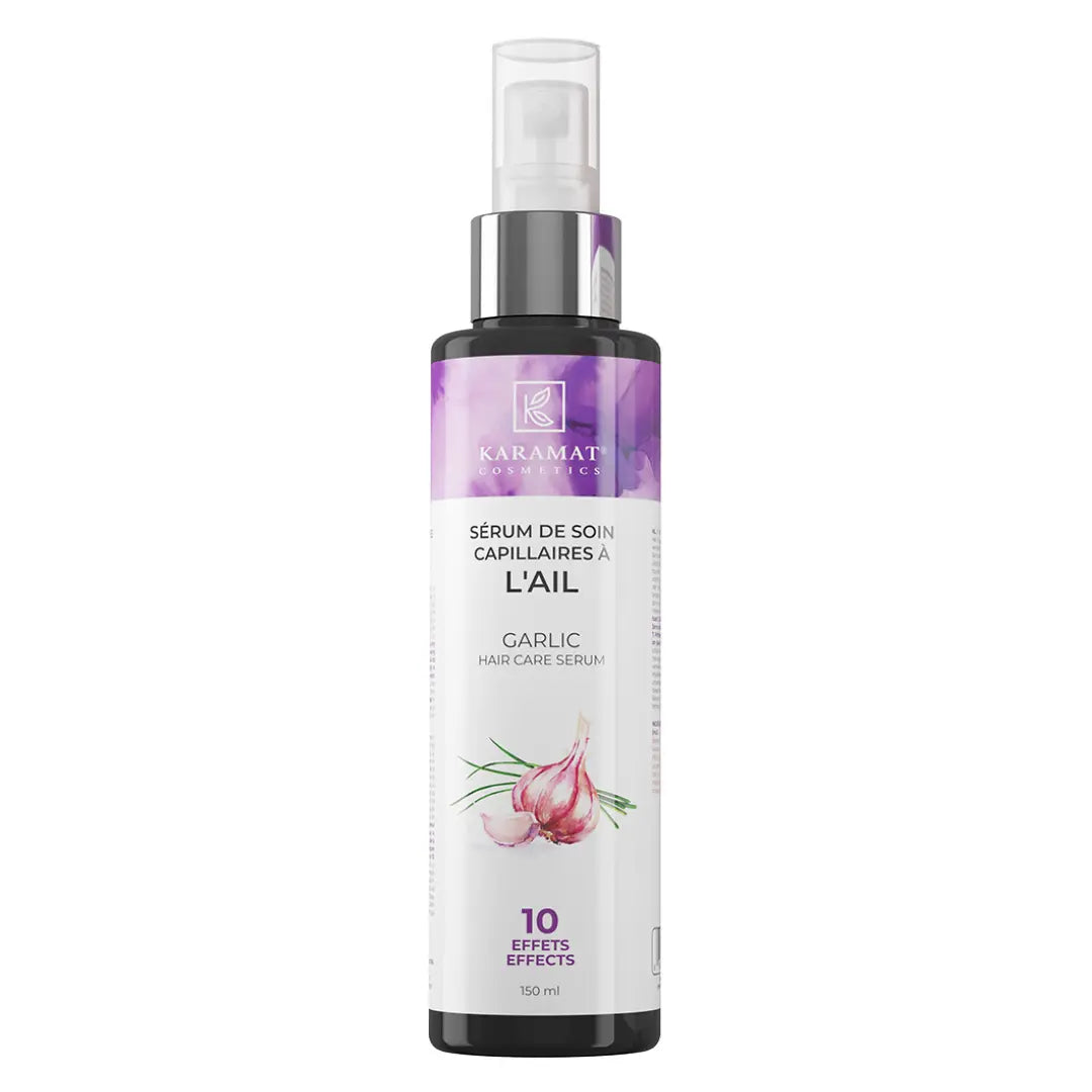 Sérum de soin capillaire à l’ail de 150 ml, traitement nourrissant pour cheveux, par Karamats.fr, visible dans le flacon.