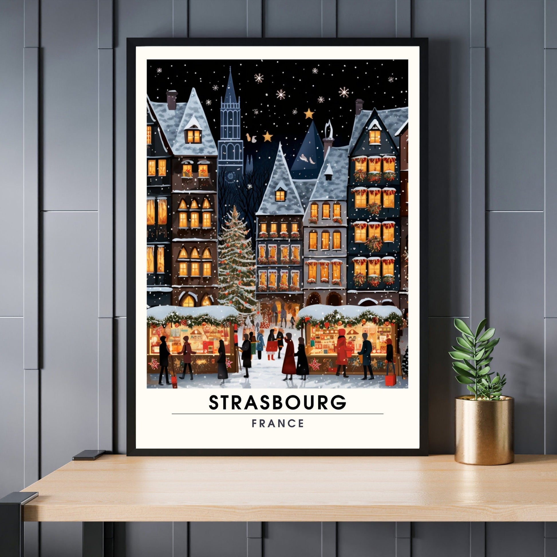 Affiche déco Strasbourg Noël, impression de voyage avec marché de Noël, tirage d'art français, illustrant la ville et ses festivités.