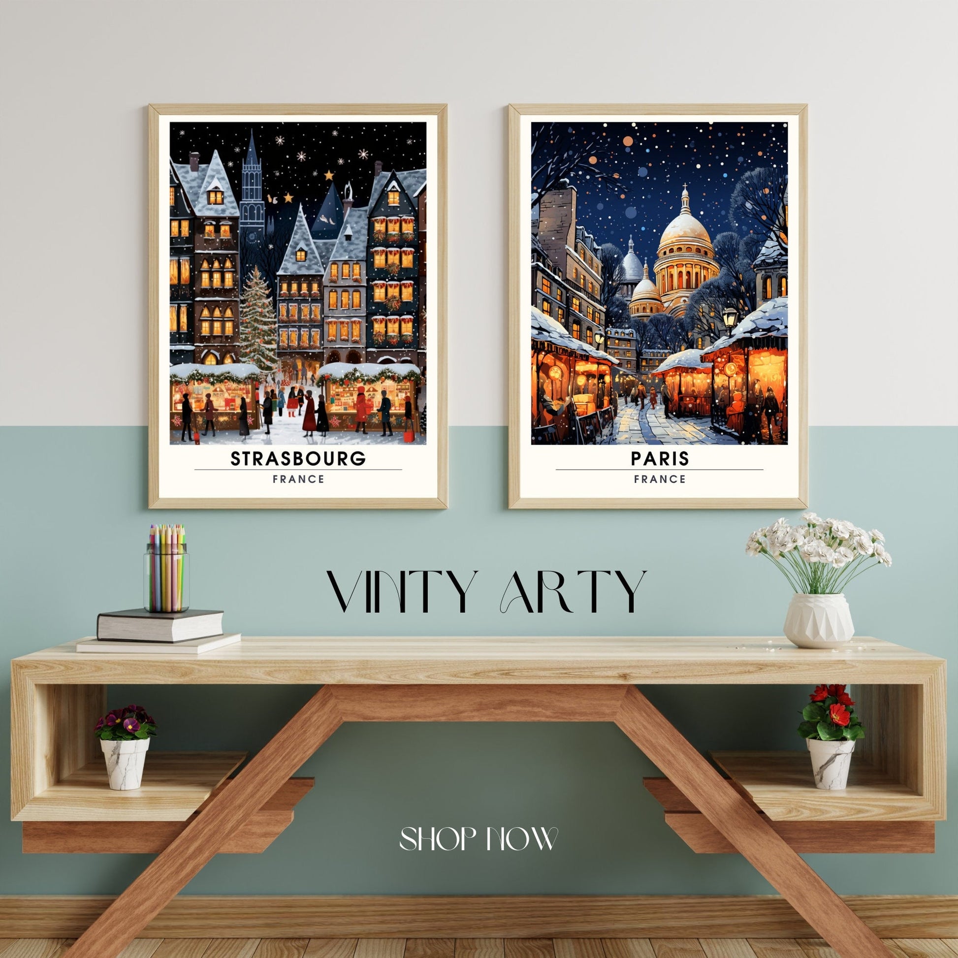 Affiche déco Strasbourg Noël, impression de voyage avec marché de Noël, tirage d'art français, illustration festive et colorée.