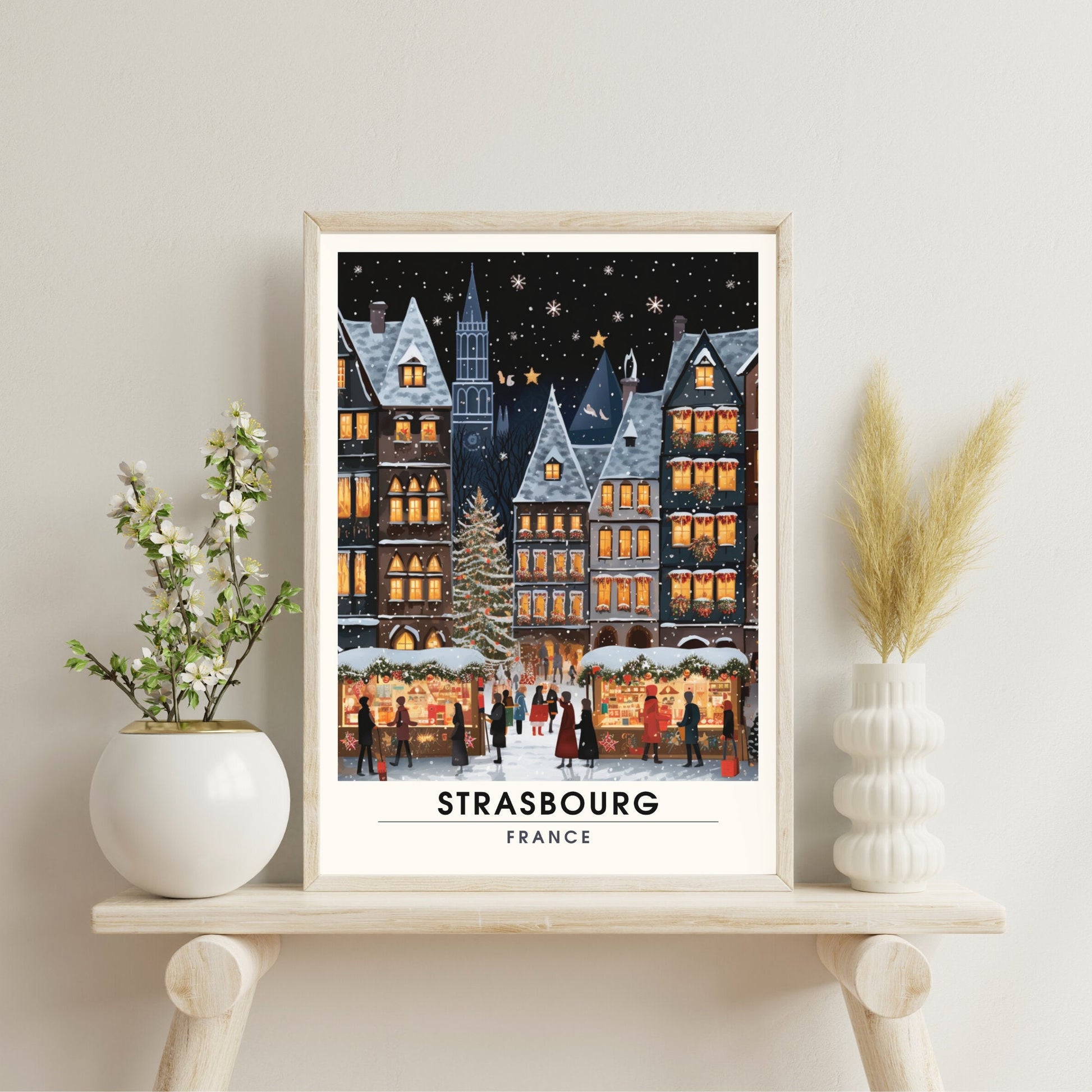 Affiche déco Strasbourg Noël, impression de voyage du marché de Noël de Strasbourg, tirage d'art France, décoration festive.