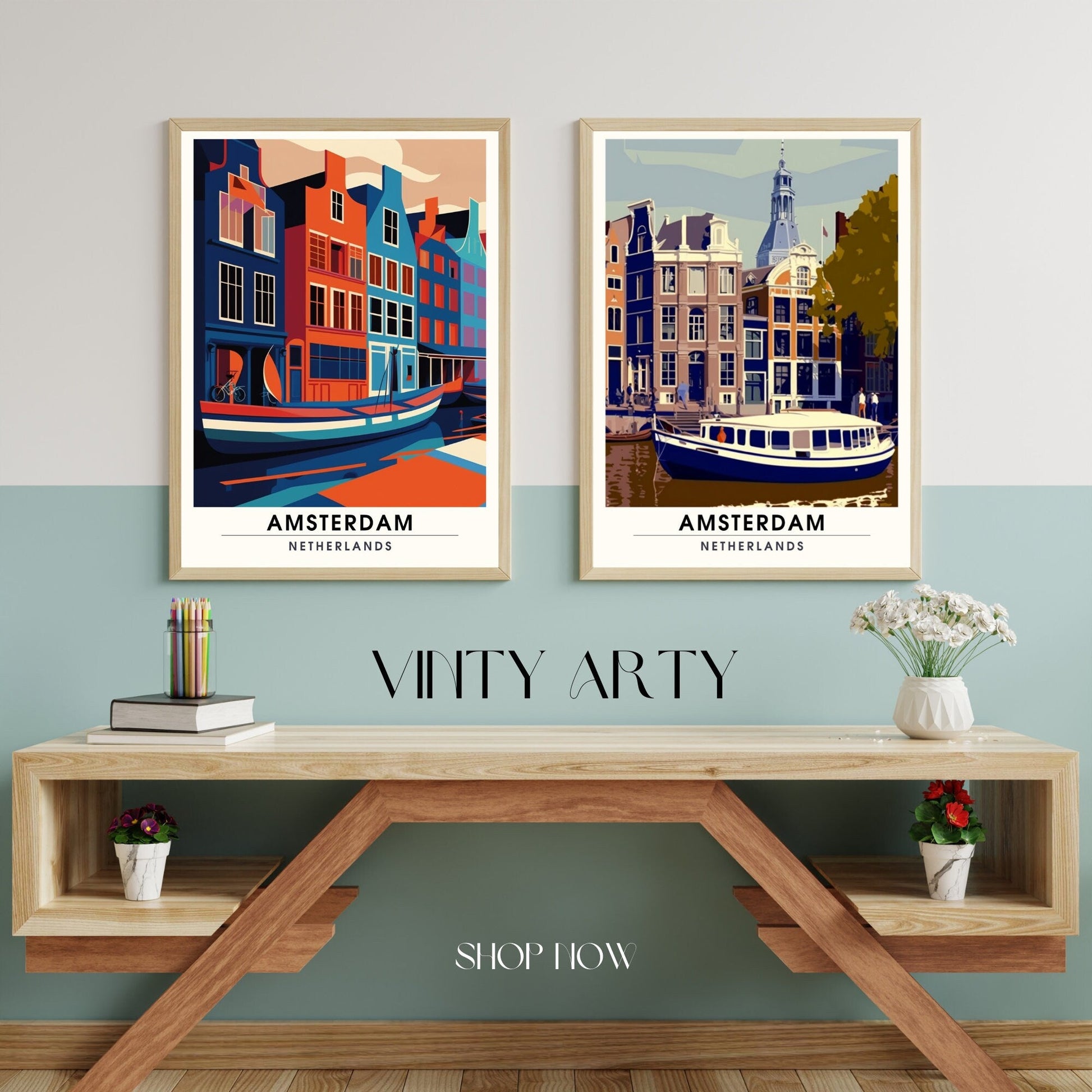 Affiche de décoration vintage Amsterdam par Impression Amsterdam, illustration colorée de la ville pour décoration murale.