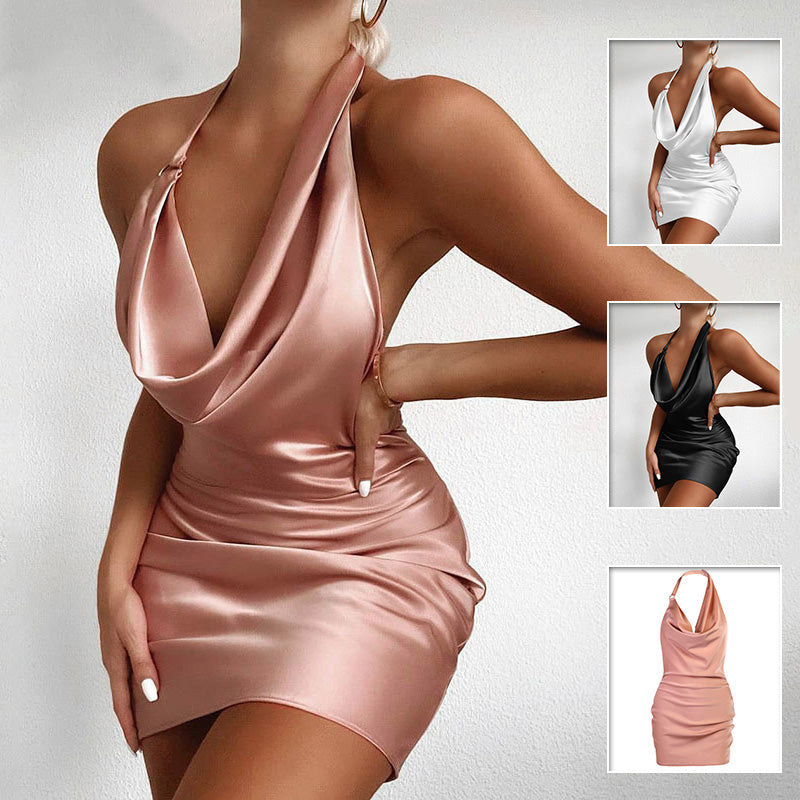 Robe de soirée en satin noir sans manches, décolleté en V et dos nu, robe courte d'été pour fête, marque MARKET DE PRODUITS DE BEAUTÉ & SANTÉ