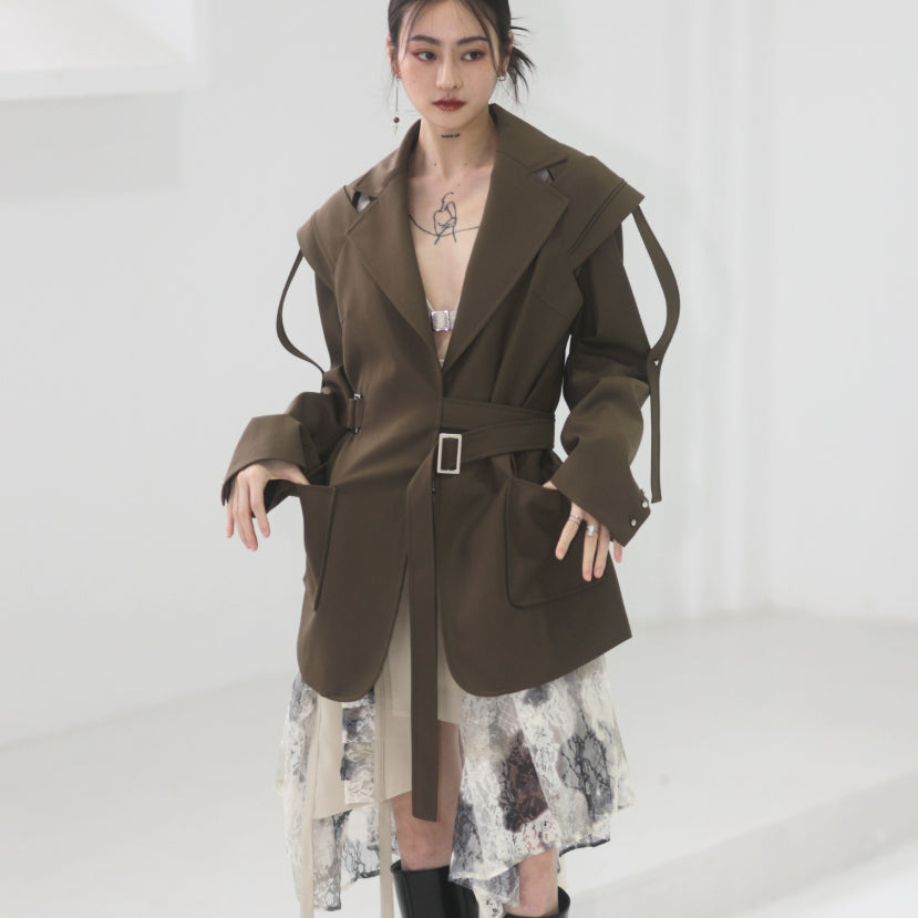 Blazer déstructuré à taille ajustable de couleur marron pour automne et hiver, par MARKET DE PRODUITS DE BEAUTÉ & SANTÉ.