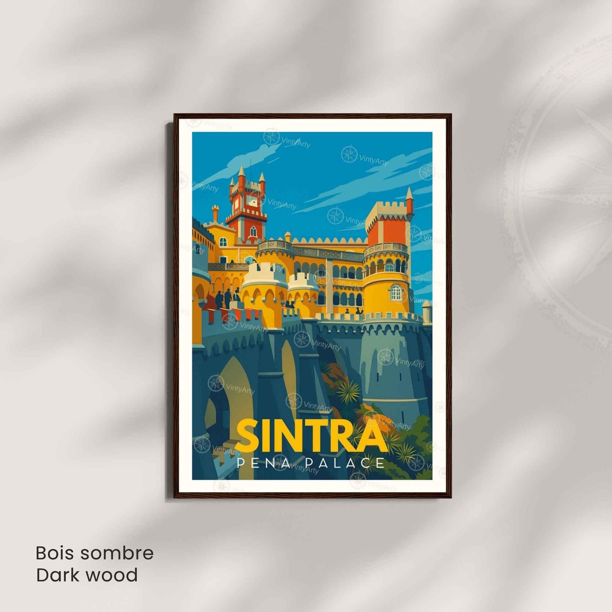 Affiche vintage du Palais de Pena à Sintra, Portugal, par VintyArty, illustration artistique de voyage colorée et détaillée.