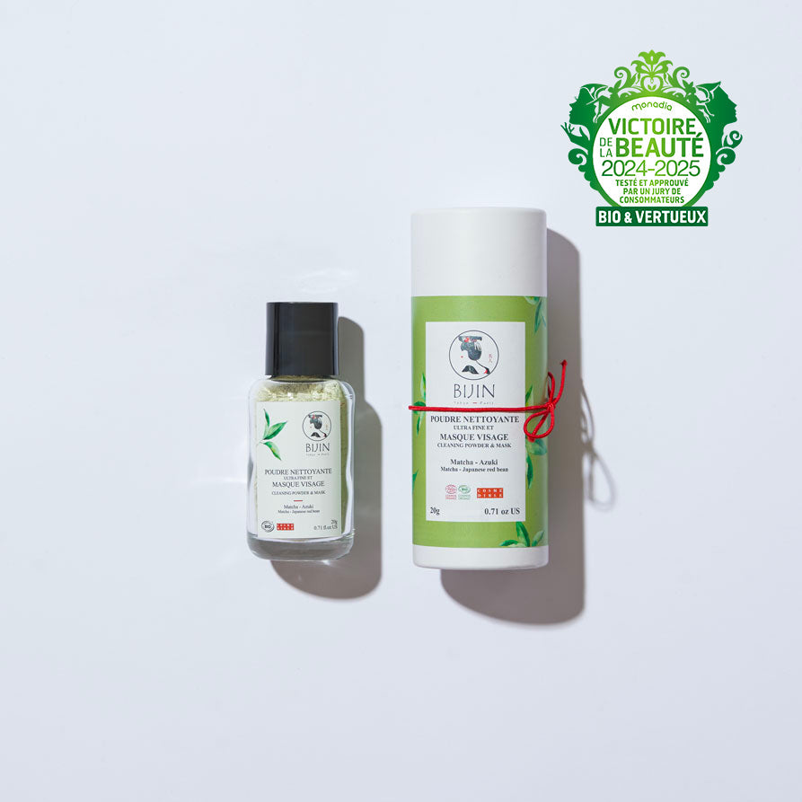 Poudre de soin bio au matcha de Www.bijin-cosmetiques, masque et nettoyant visage 2 en 1, en packaging avec poudre verte.